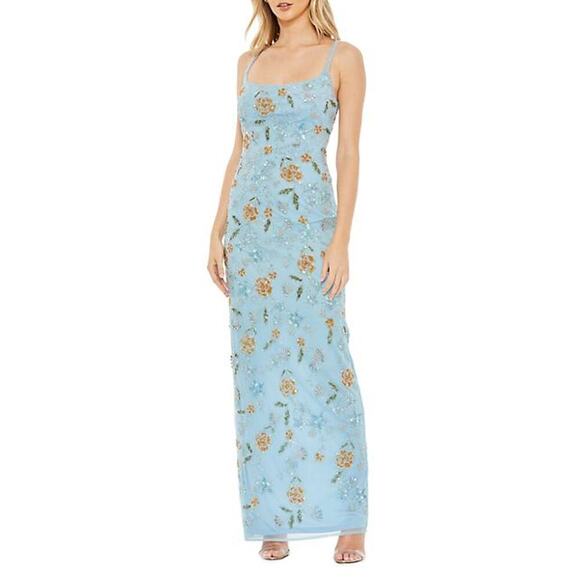 Mac Duggal Beaded Floral Column Gown Dress Sleeveless Dusty Blue Size 16 NWT - Picture 4 of 14